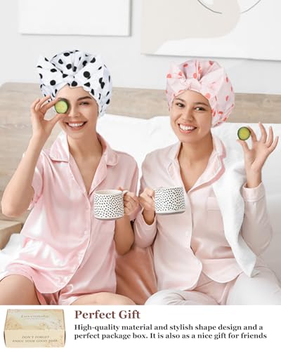 2Pcs Shower Caps for Women Shower Cap Reusable Waterproof Hair Cap for Shower with Adjustable Bowknot Luxury Bath Cap for Women (Black Dot & Pink Dot) - color: Black Dot & Pink Dot
