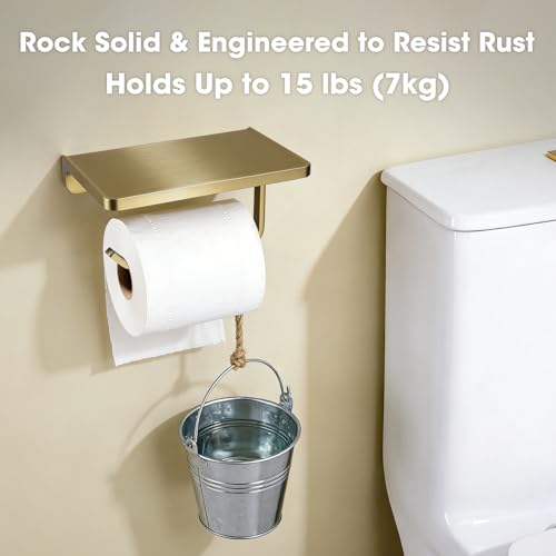 TRUSTMI Toilet Paper Holder with Shelf & Phone Stand | Brushed Gold Bathroom Storage, Solid Zinc Alloy, Wall Mounted | Holds 15lbs, Fits Jumbo Rolls - color: Brushed Gold, size: 7.1" x 4.3"