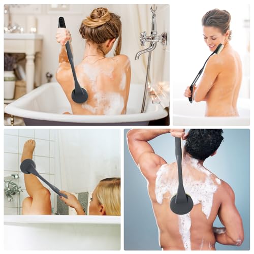 Back Scrubber for Shower, 20.5" Anti Slip Long Handle Bath Brush, Back Brush with Stiff and Soft Bristles Detachable Heads, Showering Exfoliator for Women, Men, Elderly