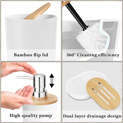 Britimes Bathroom Accessories Sets, White Shower Curtain Set with Trash Can, Soap Dispenser, Toilet Brush Holder, Toothbrush Holder and Toothbrush Cup for Bathroom Decor 72"*72" - color: White