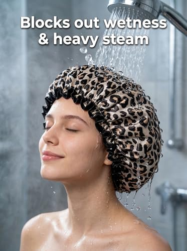 Aquior Shower Cap, Reusable Waterproof Leopard Print Hair Cap,Dual Layer Large Ruffle Edge for Long Hair, Ideal for Shower, Skincare, Cooking, Spa and Travel Use