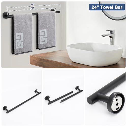 NearMoon 5 Pieces Bathroom Hardware Set SUS304 Thicken Stainless Steel-Towel Rack Kit Include 24" Towel Rod + Bath Towel Ring + Toilet Paper Holder + Robe Towel Hooks Bath Accessories (Matte Black) - color: Matte Black