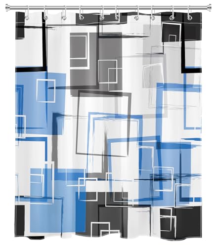 Blue Geometric Abstract Shower Curtain with Hooks Blue and Gray Neutral Design Geometric Fabric Shower Curtain Grey Fashion Mid Century Modern Bathroom Curtains Shower Set, 72Lx60W inches - color: Blue, size: 60"W x 72"L (Pack of 1)