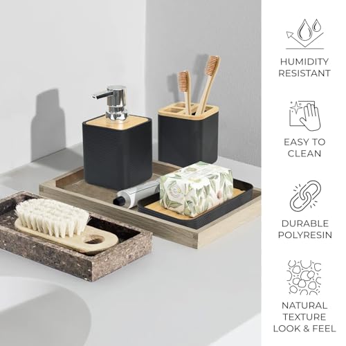 CERBIOR Bathroom Accessories Set 6 Piece Bamboo Bath Ensemble Includes Soap Dispenser, Toothbrush Holder, Toothbrush Cup, Soap Dish for Decorative Countertop and Housewarming Gift (Black) - size: Complete Set, style: Black