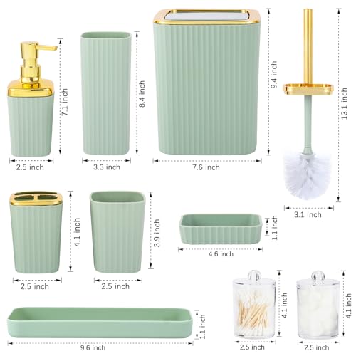 Bathroom Accessory Set,9 Pieces Light Green Bathroom Accessories Set with Trash Can, Toothbrush Holder, Soap Dispenser, Toothbrush Cup, Vanity Tray, Soap Dish, Toilet Brush, Qtip Holder - color: Lightgreen