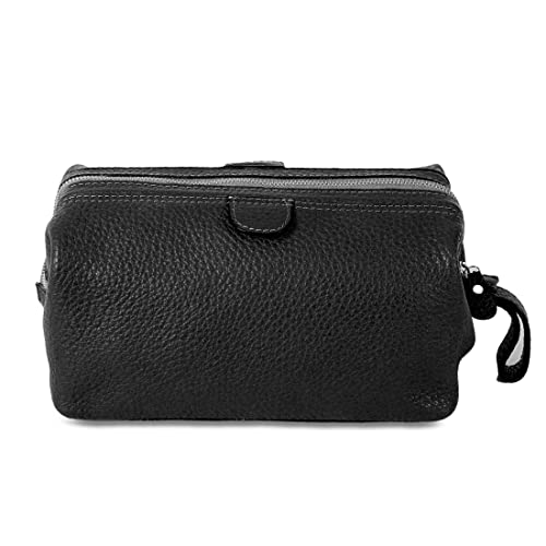 KomalC Premium Buffalo Leather Toiletry Bag for Men & Women With Water resistant Lining, Grooming Travel Pouch, Unisex Wash Bag for Toiletries, Gifts for Men and Women - color: Black