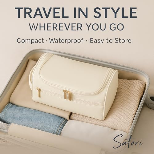 Travel Toiletry Bag – Soft Vegan Leather, Waterproof Hanging Design with Hook, – Cream White with Gold Accents, Full Size