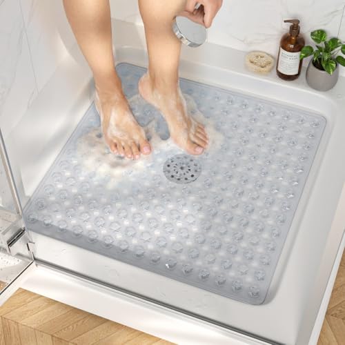HITSLAM Shower Mat Anti Slip, Square Bath Mat for Tub Non Slip with Suction Cups and Drain Holes, 21x21 Inch Bathroom Shower Stall Floor Mat, Machine Washable, Soft on Feet, Clear - color: Clear, size: 21" x 21" (Square)