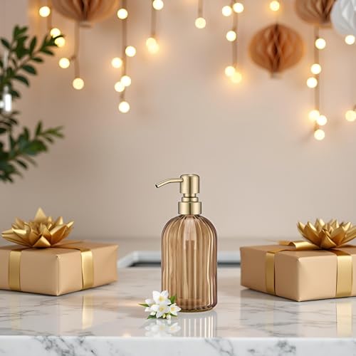 16 OZ Amber Glass Soap Dispenser, Amber Stripe Bathroom Hand Soap Dispensers with Stainless Steel Brushed Gold Pump,Brown Glass Kitchen Hand Soap Dispenser with Brushed Gold Pump,2 Packs - color: Brushed Gold + Amber, size: 2-Pack