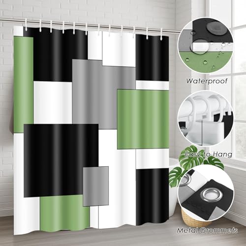 Sage Green Geometric Shower Curtain Set with Toilet Lid Cover and Non-Slip Rugs for Bathroom, Black Grey White Checkered 4 Pcs Shower Curtain, Modern Abstract Bathroom Set with 12 Hooks - color: Abstract Geometric Sage Green