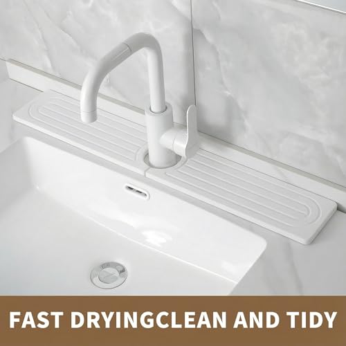 Diatomite Faucet Mat for Kitchen Sink, Quick-Dry Stone-Like Sink Mat, Flat Lay Absorbent Countertop Drying Mat for Faucet Area, Hard Diatomite Mat, White, 23.6 x 4 in - color: White2
