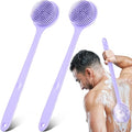 Sunnyray 2 Pack Silicone Back Scrubber for Shower with 15" Long Handle Double-Sided Bath Body Brush for Exfoliating Easy to Clean Quick Dry Deep Cleaning Lathers Well(Purple) - color: Purple