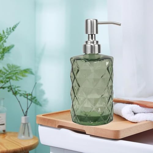 12Oz Green Soap Dispenser Bathroom - 2 Pack, Clear Glass Hand Soap Dispensers with Stainless Steel Pump, Refillable Dish Soap Dispenser for Kitchen, Countertop Soap Dispensers - color: Diamond Green（2-pack）