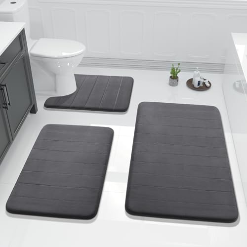 Yimobra 3 Pieces Memory Foam Bath Mat Set with U-Shaped Toilet Rug - Non Slip Super Soft Absorbent Quick Dry Bathroom Rugs for Bathtub, Vanity & Toilet Base, Dark Gray - color: Dark Gray, size: 44''x24'' + 31.5''x20'' + 24''x20''