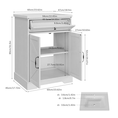 Smart FENDEE 23.62 inch Bathroom Vanity with Ceramic Sink, Farmhouse Bathroom Cabinet with Barn Door & Drawer, Freestanding Floor Storage Cabinet with Sink Combo Set, Soft White - color: White