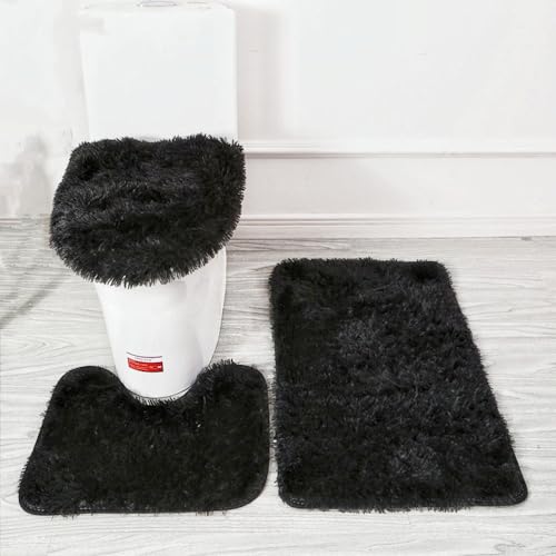 Soft Bathroom Carpet 3 Piece Bathroom Rugs and Mats Set Bath Mats Set with U-Shaped Toilet Floor Mat Rugs andToilet Lid Cover Mat (Black) - color: Black