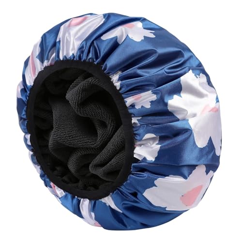 YIZIJIZI Terry Lined Shower Cap,Triple Layer Large Cap for Women,Shower Cap Reusable Waterproof,Long Thick Hair(Blue) - color: Blue