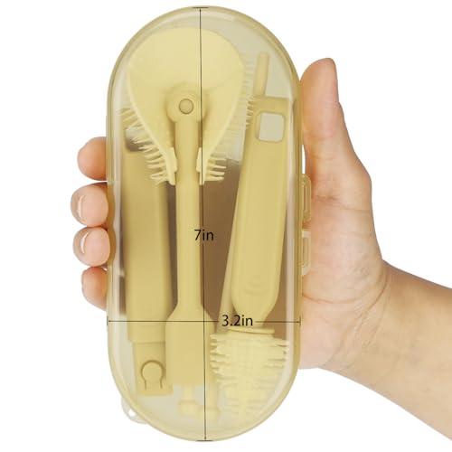 Portable Baby Bottle Brush Set – 5-in-1 Silicone Baby Bottle Cleaner Kit with Nipple Brush, Straw Brush, Drying Rack & Travel Case – BPA-Free, Bottle Washing Set for On-the-Go (Light Yellow) - color: Light Yellow