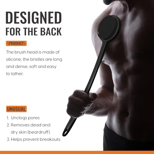 Silicone Back Scrubber for Shower, 17in Lengthen Long Handle Body Brush, Double Sided Shower Brush for Shower Exfoliating and Massage Can Produce Rich Foam, Long Handle Back Scrubber for Men - color: Black