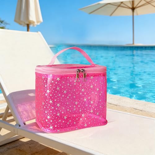 Holographic Star Print Pink Makeup Bag - Portable & Waterproof Barrel-Shaped Toiletry Bag, 8.27x6.7x6.3in Cosmetic Case for Women & Men (Pink Star) - color: Pink