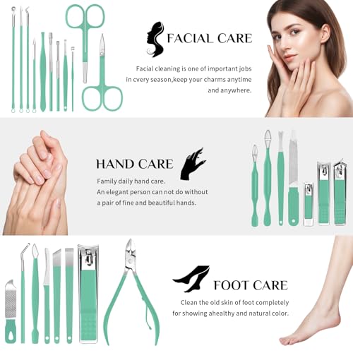 MINKINH Travel Manicure Set 26-Piece, Portable Nail Clippers Kit with PU Case, Carbon Steel Clippers, 410 Stainless Steel Grooming Tools, Hand Foot Facial Care for Luggage Backpack（Green） - color: Green