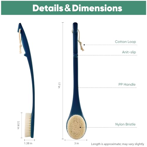 Back Scrubber for Shower, 17-Inch Shower Brush for Men and Women, Long Handle Exfoliating Body Brush, Medium Bristle Stiffness for Dry or Wet Brushing (Navy Blue) - size: 17 in - Navy Blue