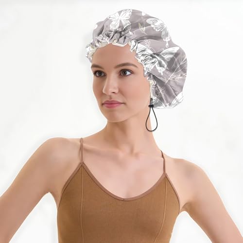 Luxury Shower Cap Satin Lined Reusable Waterproof Double Layer Elastic Adjustable Hair Bath Cap Cute Aesthetic Women Girls-White Butterfly - color: F15-White Butterfly