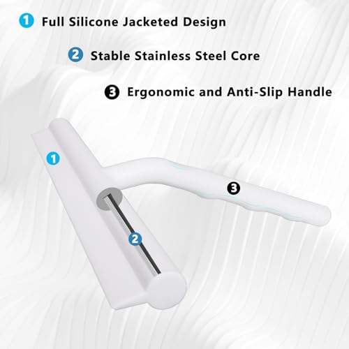 Shower Squeegee for Glass Doors, Full Silicone Jacketed Squeegee with Ergonomic Handle & No-Drill Hook, Cleaning Tool for Windows, Mirrors, Tiles, Bathroom & Car - White - color: White, size: without loop