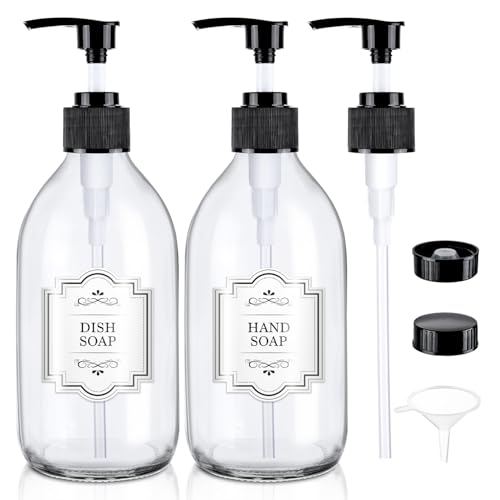 16 oz Clear Glass Soap Dispenser with Pump, Glass Pump Bottle for Lotion Body Oil, 500ml Hand and Dish Soap Dispensers Set with Storage Caps, Labels - 2 Pack - color: Clear