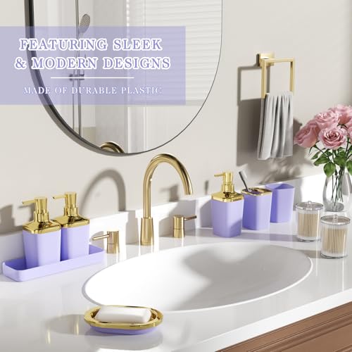Bathroom Set - 11PC Bathroom Accessory Set, Bathroom Accessories Set, Purple Bathroom Set, Push-lid Trash Can, 3PC Soap Dispensers, Toilet Brush & Q-tip Holders - color: Purple & Gold, size: Bath Set