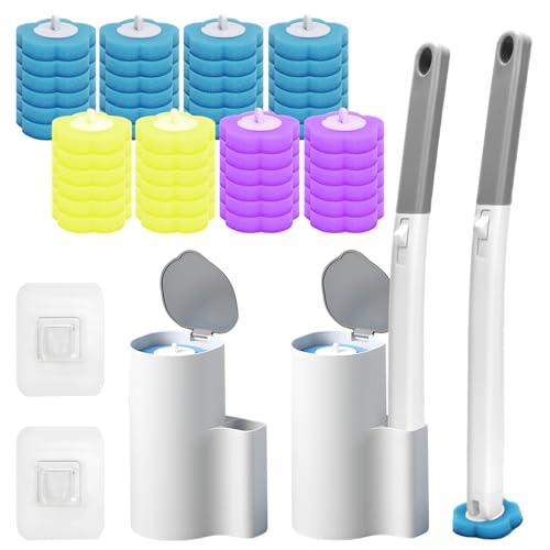 2 Pack Disposable Toilet Brush and Holder Set, Disposable Toilet Cleaning System Extended Handle with 48 Toilet Wand Refills, Toilet Brush for Toilet Bowl Cleaners, Bathroom Cleaning, Bathtub - size: 2 set gray and white + 48 refills
