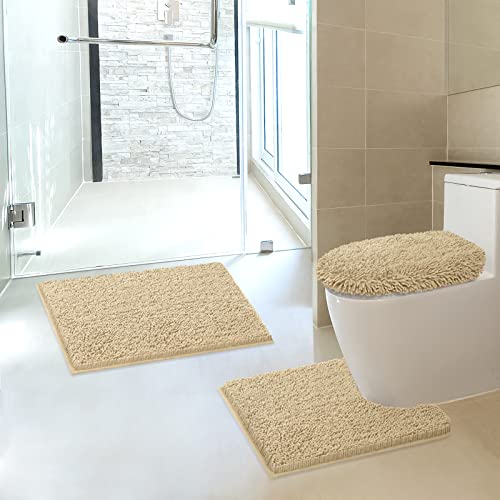 TREETONE Chenille Bath Mat 3 Pieces Bathroom Rugs Set, 20x20 Inches U-Shape Contoured Toilet Mat & 20x32 Inches Rug & Lid Cover,Water Absorbent Plush Rugs for Tub Shower & Bath Room -Beige - color: Beige, size: Set of 3-Medium 20" x 30"/Contour/Lid Cover