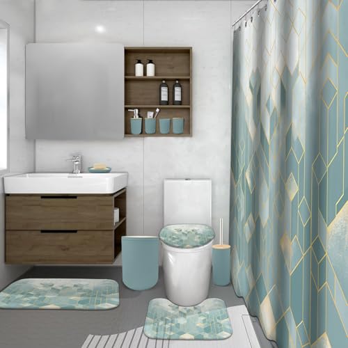 Lnond Blue Green Bathroom Set, Blue Green Abstract Cubes Bathroom Accessories Sets Complete, Luxury Restroom Set with Shower Curtain and Rugs, Trash Can, Toilet Brush Holder Set & Soap Dispenser - style: Blue Green