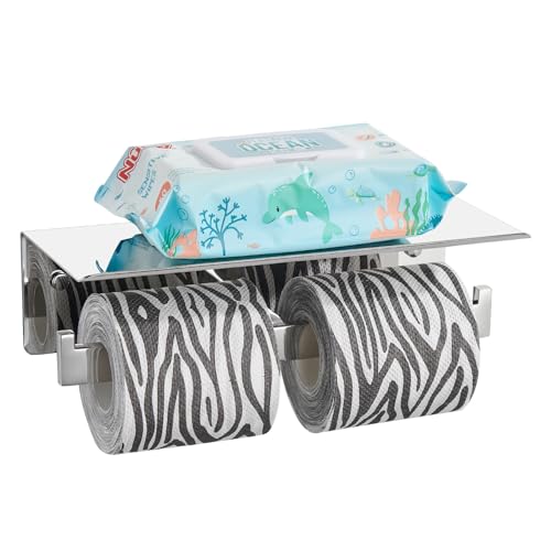 Angle Simple Double Toilet Paper Holder with Shelf Polished Chrome, 304 Stainless Steel Toilet Tissue Roll Holder Wall Mount - color: Polished Chrome, size: Double Rod