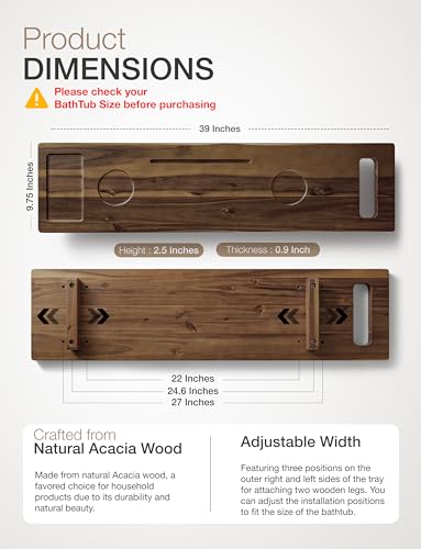 Tinamo Acacia Bathtub Tray Caddy with Adjustable Legs - Bath Tub Tray for Freestanding Tubs - 39x9.75 Inch Large Wooden Anti-Tipping Tub Tray for Bathtub with Accessories Holders (Walnut, 39x9.75) | Acacia Wood, Adjustable Width, 39" x 9.8" x 2.5", Multi-