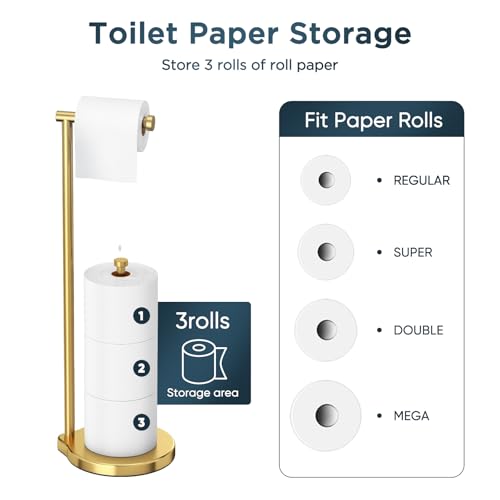 theaoo Heavy-Duty Toilet Paper Holder Stand – Modern Freestanding Bathroom Toilet Tissue Paper Roll Holder with Reserve & Storage, Stainless Steel (Brushed Gold, Free Standing) - color: Brushed Gold