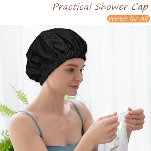 Reusable Shower Cap for Women – Large Waterproof Satin Shower Bonnet for Long, Curly & Braided Hair, Washable Bath Hair Cover, Black - color: Black