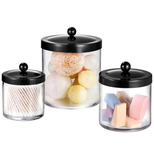 SheeChung 3-Pack Plastic Apothecary Jars with Black Metal Lids - Large 50oz, 25oz & 15oz Clear Acrylic Storage Set - Shatterproof Bathroom & Laundry Room Organizer - Modern Farmhouse Decor - color: Black, size: 50 oz & 25 oz & 15 oz