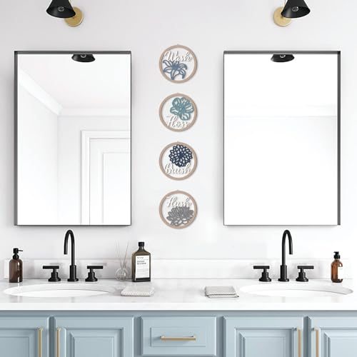 HPNIUB Farmhouse Bathroom Wall Decor, Blooming Floral Wall Art, 4 Pieces 10''x10'' Wash Brush Floss Flush Rustic Wood Plaque, Funny Bathroom Quote Wooden Sign for Home Spa Bathroom Laundry Washroom - color: Washroom floral theme