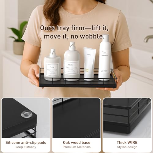 Toilet Paper Basket Organizer, Oak Wood Toilet Tank Tray with Metal Frame | Bathroom Counter Top Storage for Toilet Paper, Wipes & Decor, Modern Narrow Back of Tank Shelf Organizer, Black - color: Black, size: 13" x 6.5" x 2"