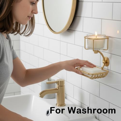 Bar Soap Holder Wall Mounted, Soap Container with Candle/Vase Holder, Farmhouse Elegant Gold Bathroom Wall Decor, Soap Dish for Shower Bathtub - color: Gold
