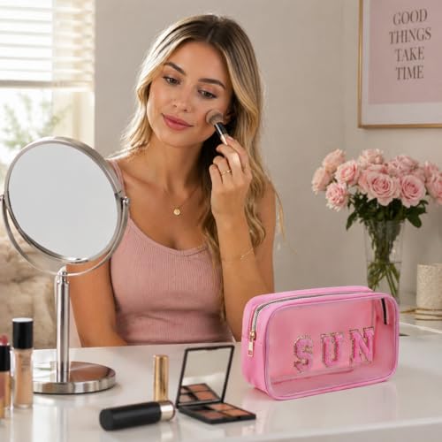 Clear Sunscreen Pink Makeup Bag with SUN Chenille Letter - Beach SPF Cosmetic Organizer, PVC Waterproof Toiletry Pouch for Women, Pool, Travel, Swimming - style: Pink-sun
