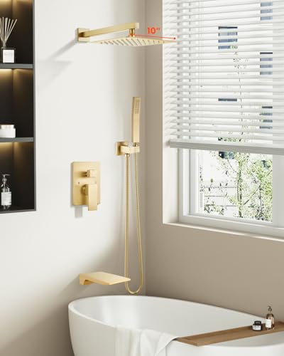 gotonovo Shower System with Tub Spout,Waterfall Tub Shower Faucet Set for Bathroom Head and Handle Set Wall Mounted 3 Function Rough-in Valve and Trim Included 10 inch Shower Head Brushed Gold - color: Brushed Gold, size: 10 inch Shower Head