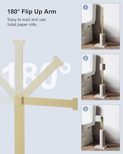 Toilet Paper Holder Stand Brushed Gold SUS 304 Stainless Steel Rustproof Free Standing 22 Inch Rotating Bathroom Tissue Roll Holder for 4 Rolls with Marble Base by HOMEMYSTIQUE - color: Brushed Gold