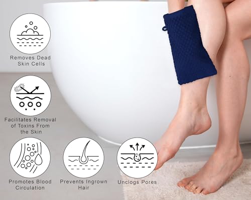 COTTON CRAFT Bath Mitt - 6 Pack Euro Spa Waffle 100% Cotton Towel Mitts | Large 5.5x10 inches Navy Exfoliating Gloves - Sensitive Skin Friendly - Body Bath Shower Glove Washcloth with Hanging Loop - color: Navy - Bath Mitt