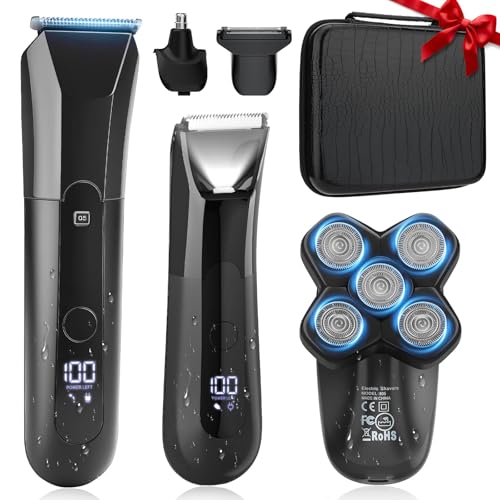 QREEYX Beard Trimmer for Men Groin & Body Hair Trimmer, Nose & Ear Clipper Head Razors for Bald Men, 5 in 1 Waterproof Manscape Kit with Travel Case, LED Display, Grooming Kit Gift for Him - color: Black-805