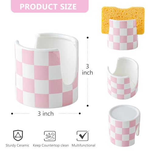 Kitchen Sink Checkered Sponge Holder, Dish Sponge Rack Cute Ceramic Brush Holder Organizer, Farmhouse Kitchen Decor Dish Rack for Brush, Scrubbers, Bathroom, Sink (Pink-white) - color: Pink-white