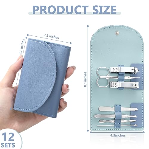 12 Set Manicure Set Bulk Mini Manicure Nail Clipper Kit 7 in 1 Stainless Steel Professional Nail Care Pedicure with Travel Portable Bag Grooming Kits for Women Men Home(Dark Blue) - color: Dark Blue