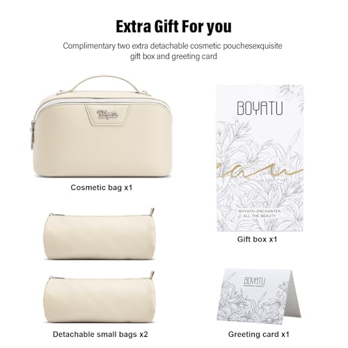 BOYATU Travel Makeup Bag Cosmetic Bags for Women: Large Capacity 3 Pcs Set Make up Bag with Compartments - Waterproof Vegan Leather Toiletry Organizer Bags with Handle (L27Off-white) - color: L27Off-white