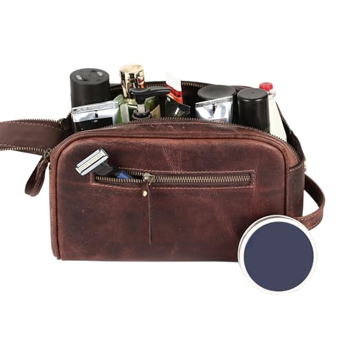 KomalC Travel Toiletry Bag – Premium Leather Dopp Kit for Men & Women with Water-Resistant Lining & Spacious Zippered Organizer - style: 1 Zip Classic Dark Brown
